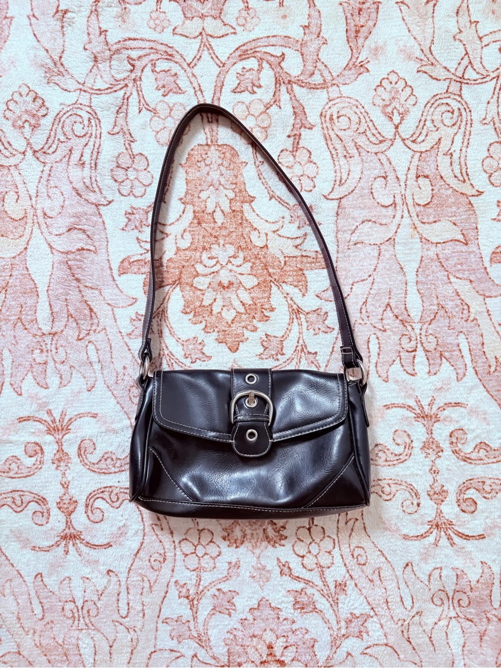 Women's Black Leather Shoulder Bag with Silver Buckle